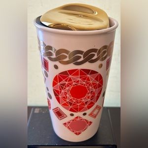 NWT 2014 Starbucks Ceramic Holiday travel mug. Holiday red, Ruby Gems.